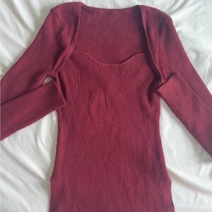red sweetheart neckline sweater-like ribbed slit formal top